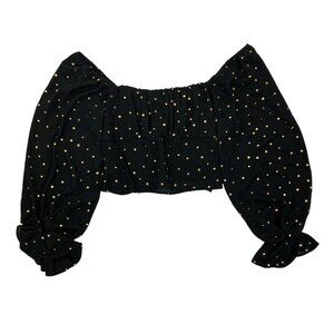 Mon Ami Crop‎ Top XL Black Stars Long Sleeve Sheer Festival Party
